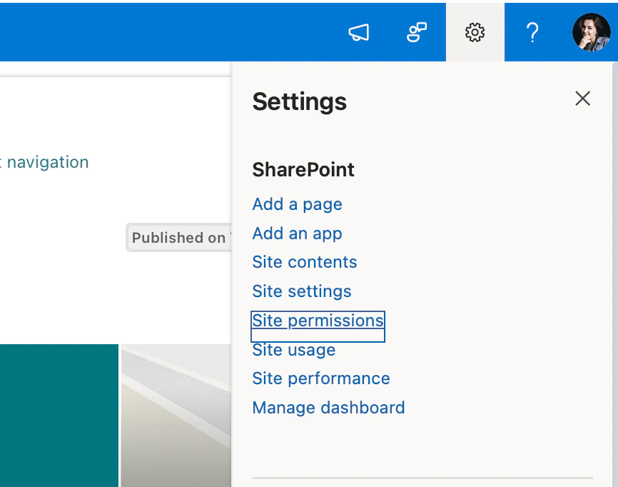 Opening Site permissions from the SharePoint site settings gear menu