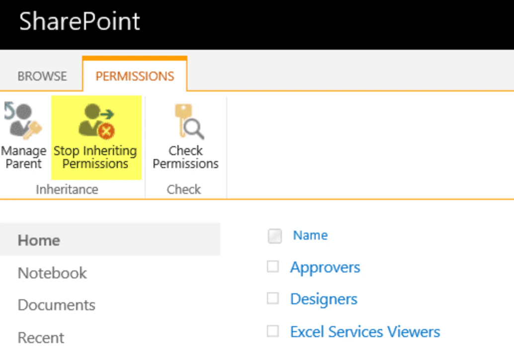 The Stop Inheriting Permissions button on the SharePoint list permissions ribbon