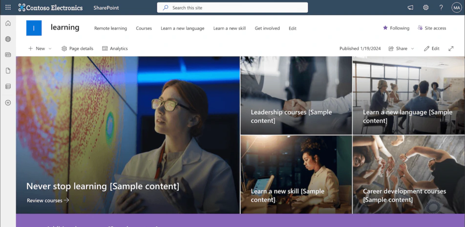 Home page of a SharePoint communication site named learning with navigation across the top, a Site access button and a full-width hero web part