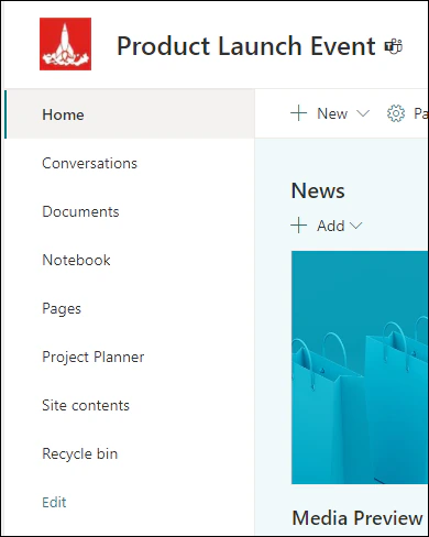 Left-hand navigation of a SharePoint team site named Product Launch Event with Home, Conversations, Documents, Notebook, Pages, Project Planner, Site contents and Recycle bin