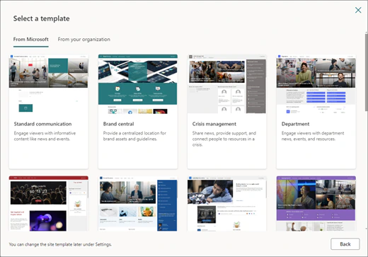 Select a template dialog for a communication site with thumbnails for Standard communication, Brand central, Crisis management, Department and other templates