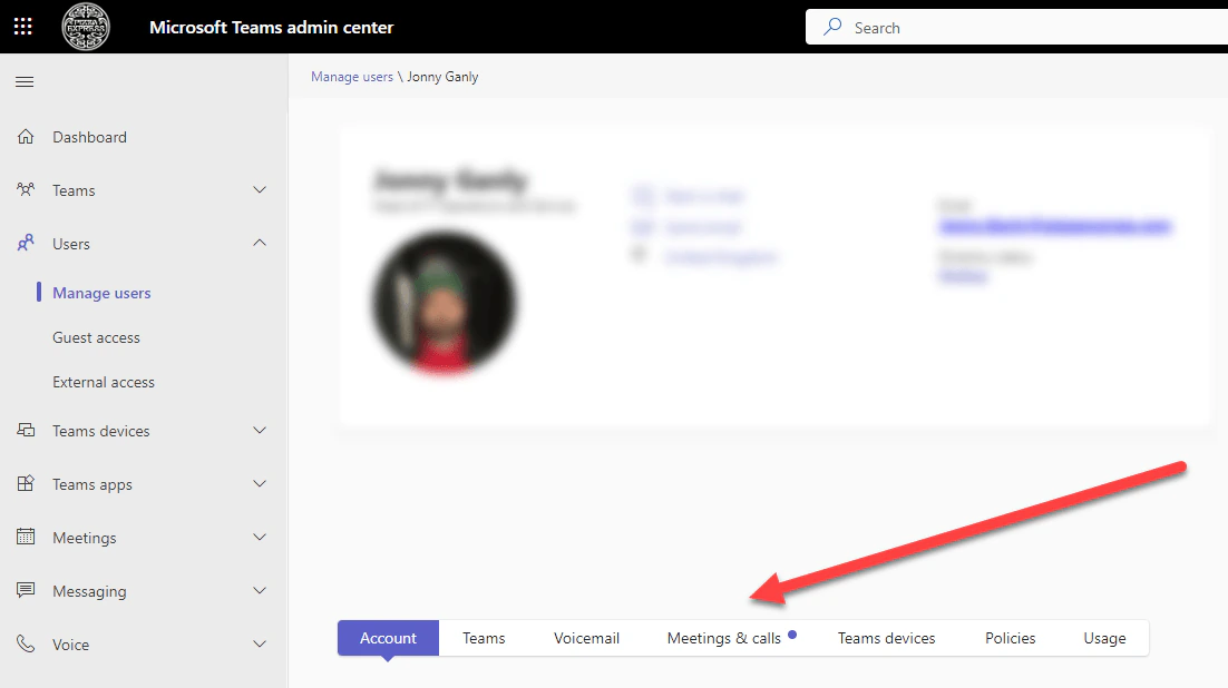 The Meetings and calls tab on a user in the Microsoft Teams admin center