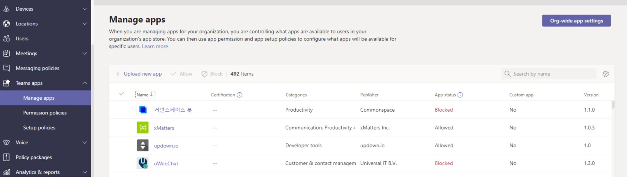 Manage apps page in Teams admin center showing per-app availability