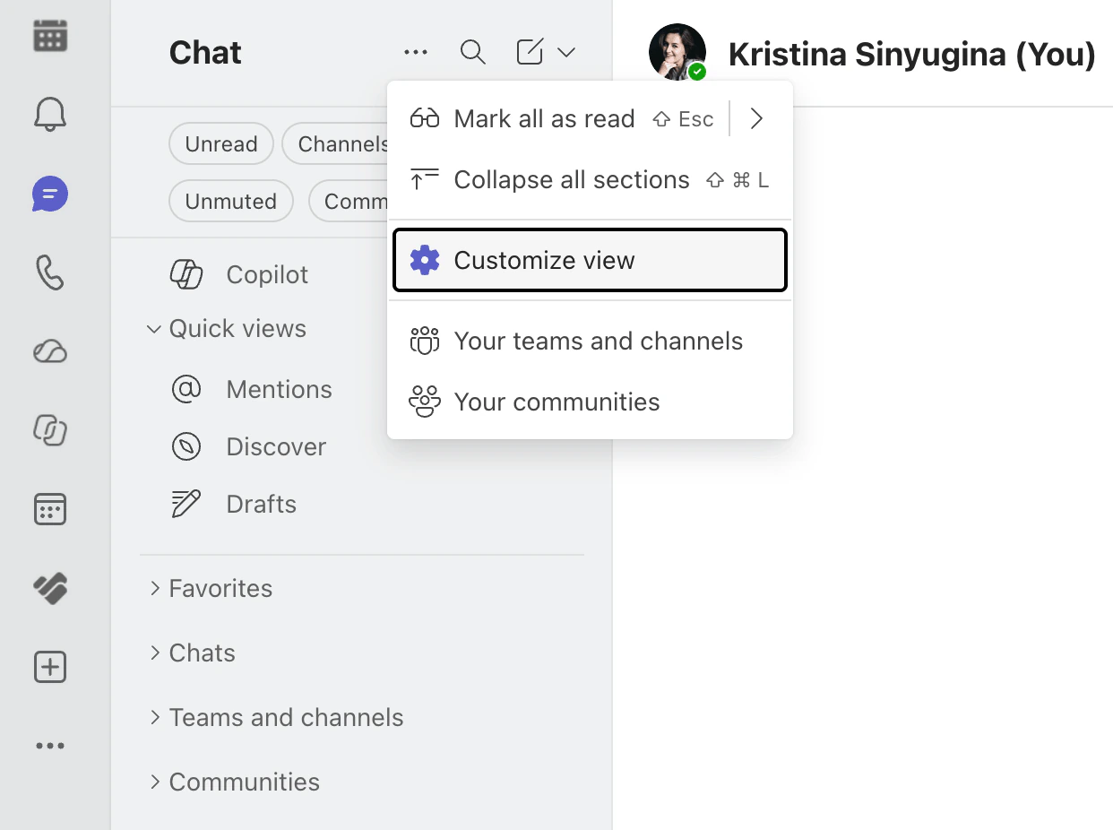 The Customize view option in the Microsoft Teams chat list menu