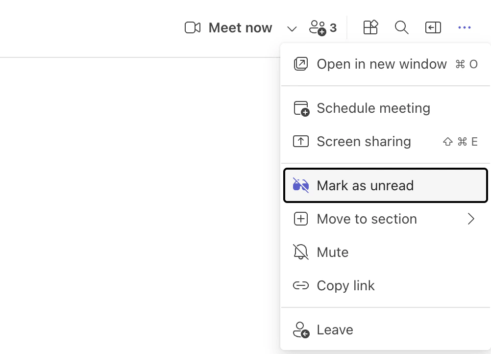 The More options menu of a Teams chat with Mark as unread, Mute and Leave