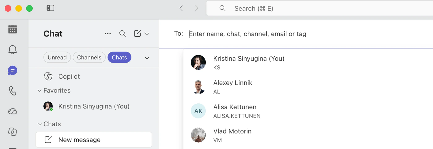 The New message button and the To field in the Microsoft Teams chat list