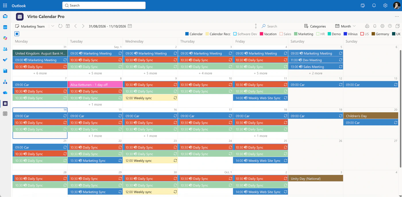 Virto Calendar Pro opened as an app in Outlook on the web