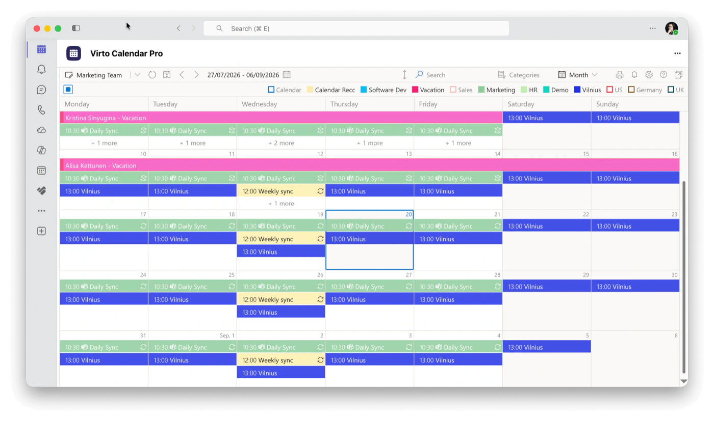 Virto Calendar App showing several overlaid calendars in one SharePoint view