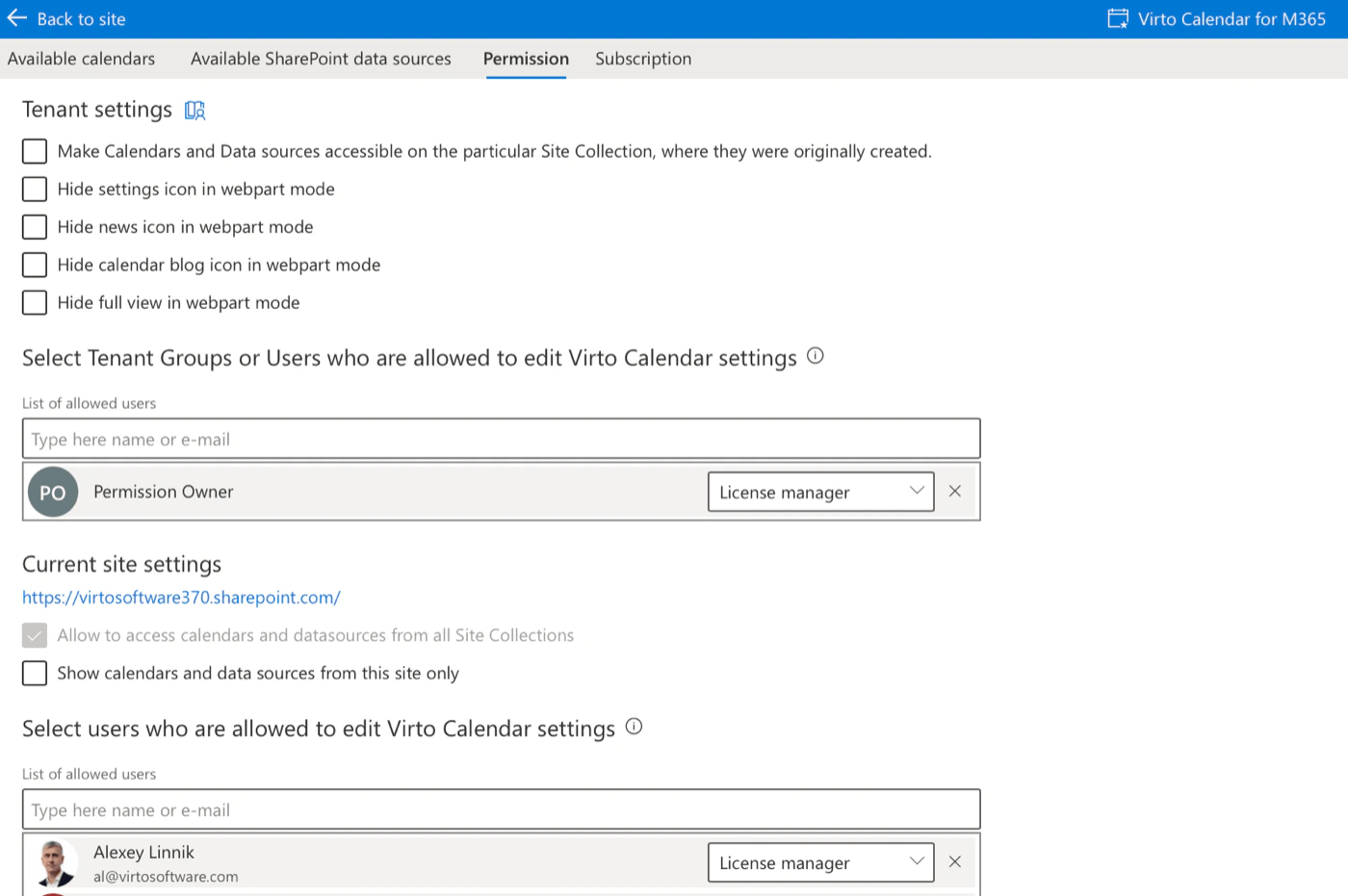 The Permission tab in Virto Calendar settings, showing tenant and site-level access options