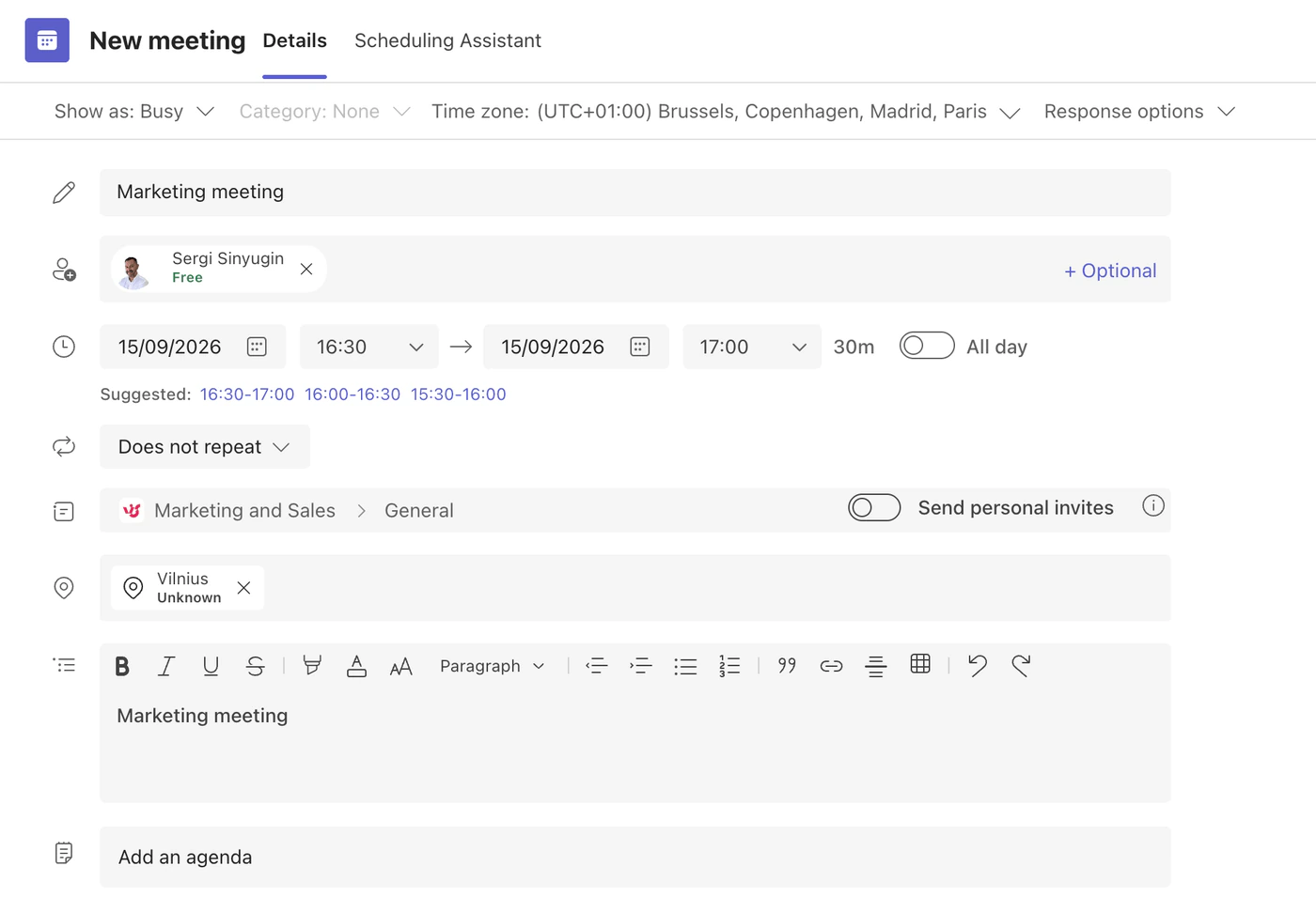 The New meeting form in the Microsoft Teams calendar with title, attendees, date, time and channel