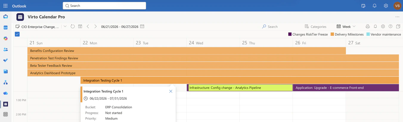 Week view, 21 to 27 June 2026: five delivery milestones from Planner — benefits configuration review, penetration test findings review, beta tester feedback review, analytics dashboard prototype and integration testing cycle 1 — drawn as all-day bars across the week, with an infrastructure config change to the analytics pipeline and an application upgrade of the e-commerce front end below them, and the integration testing cycle task open showing its dates, bucket ERP Consolidation, progress and priority