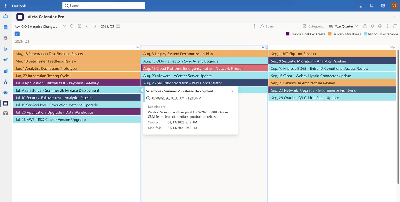 Year Quarter view, Q3 2026: application, security and database changes, delivery milestones and vendor maintenance for July, August and September, with a Salesforce release deployment entry open showing its description, change reference and owning team
