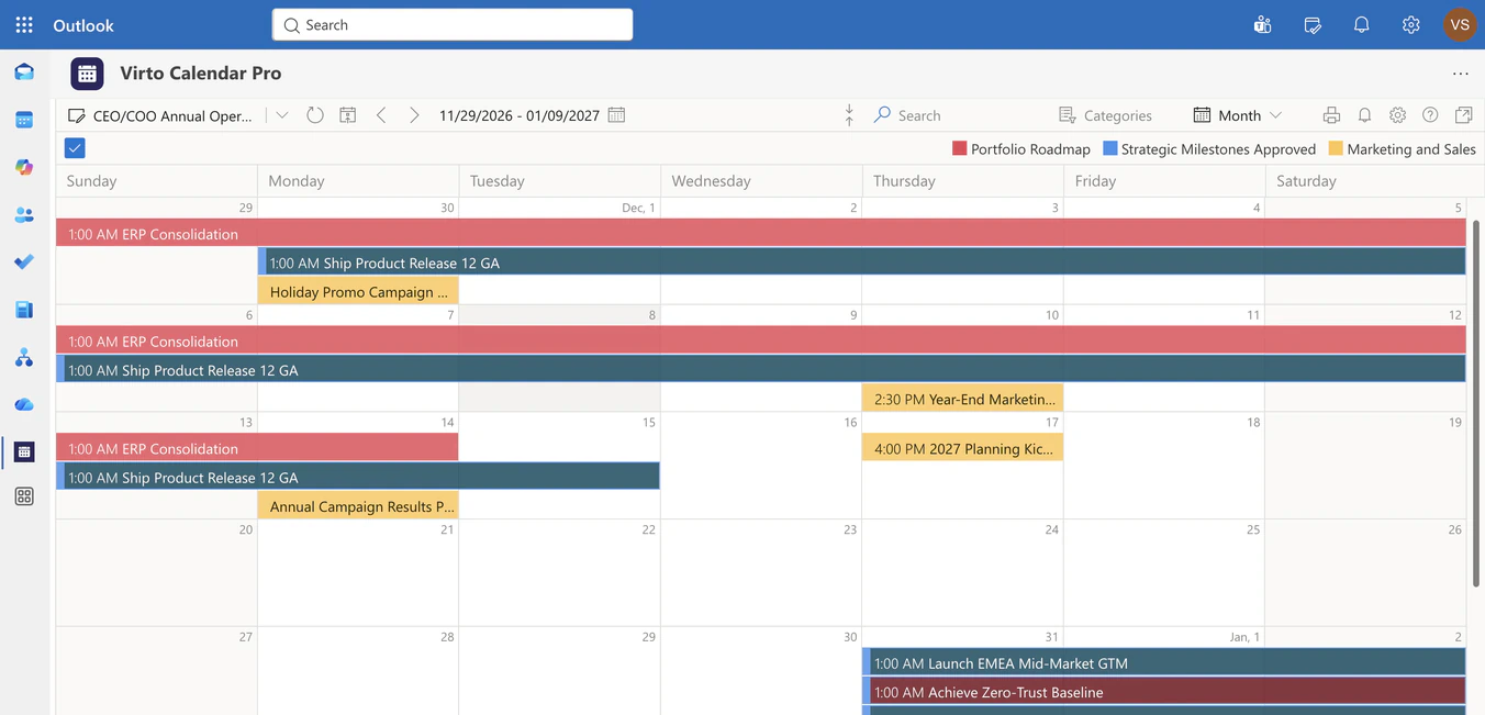 Month view, December 2026, of a CEO and COO annual operating calendar: ERP consolidation and the Product Release 12 GA running across the first three weeks, a holiday promo campaign, the 2027 planning kickoff on 17 December, and the EMEA mid-market launch, zero-trust baseline and hyperscaler alliance milestones due on 31 December