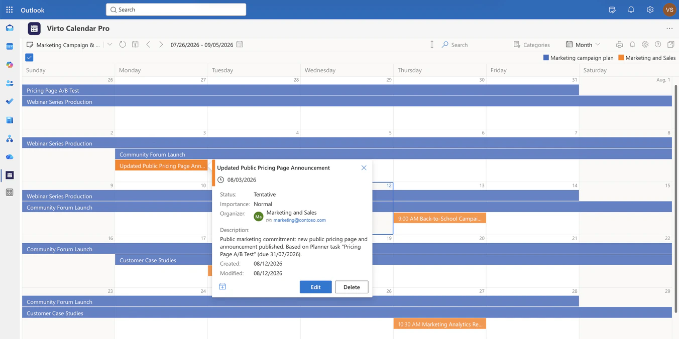 Month view of a Microsoft 365 marketing calendar for August 2026: blue multi-day bars for campaign workstreams read from Planner, orange dated events for public commitments from the campaign group calendar, and an open event detail popup whose description names the Planner task behind the pricing page announcement