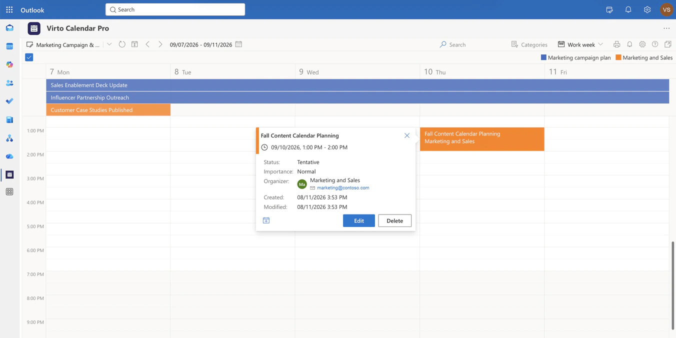 Work week view of a Microsoft 365 marketing calendar, 7 to 11 September 2026: two blue all-day bars for Planner campaign workstreams spanning the week, an orange all-day event for a published customer case study on Monday, an orange one-hour planning session on Thursday and its open event detail popup naming the Marketing and Sales group as organizer