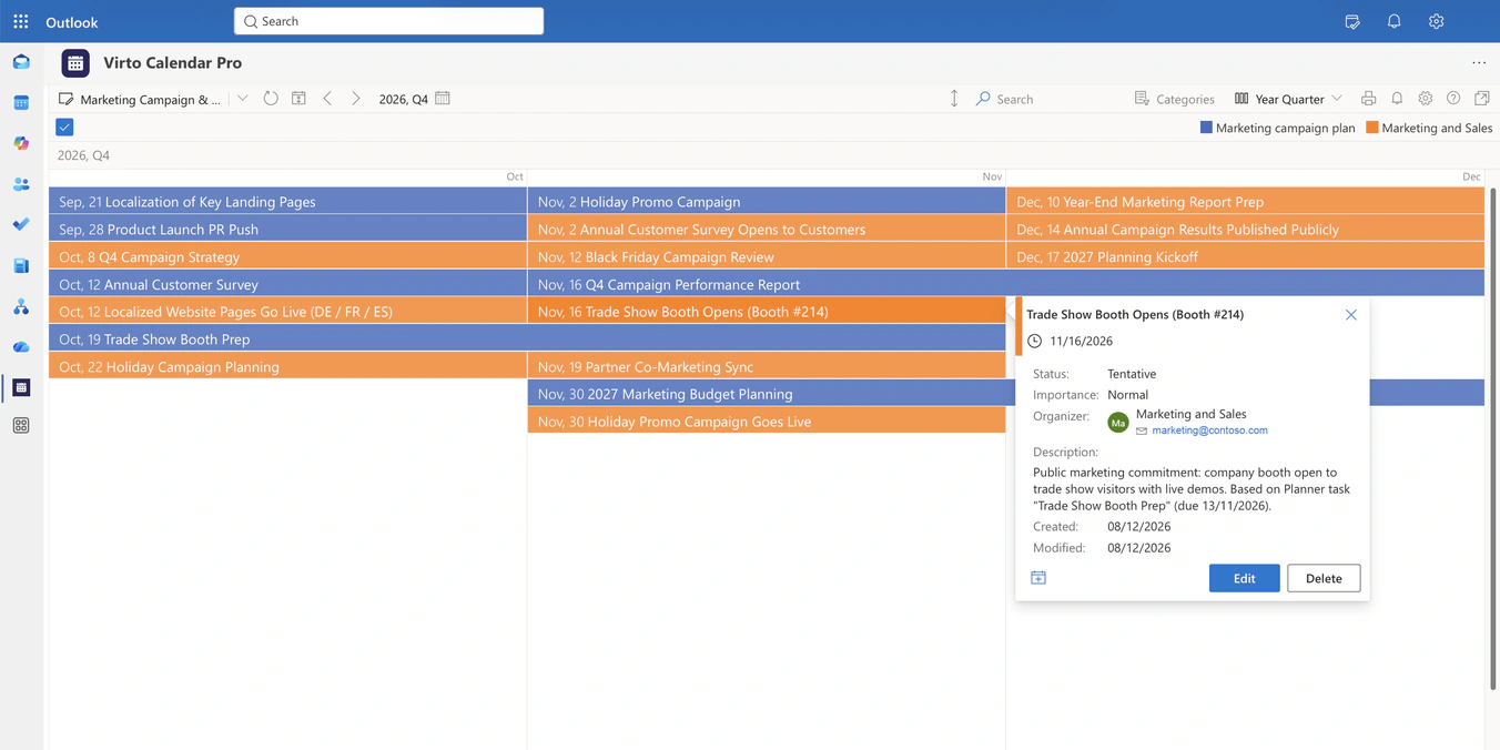 Year Quarter view of a Microsoft 365 marketing calendar across three months: blue multi-day bars for campaign workstreams read from Planner, orange dated bars for public commitments from the campaign group calendar, and an open event detail popup whose description names the Planner task behind the commitment