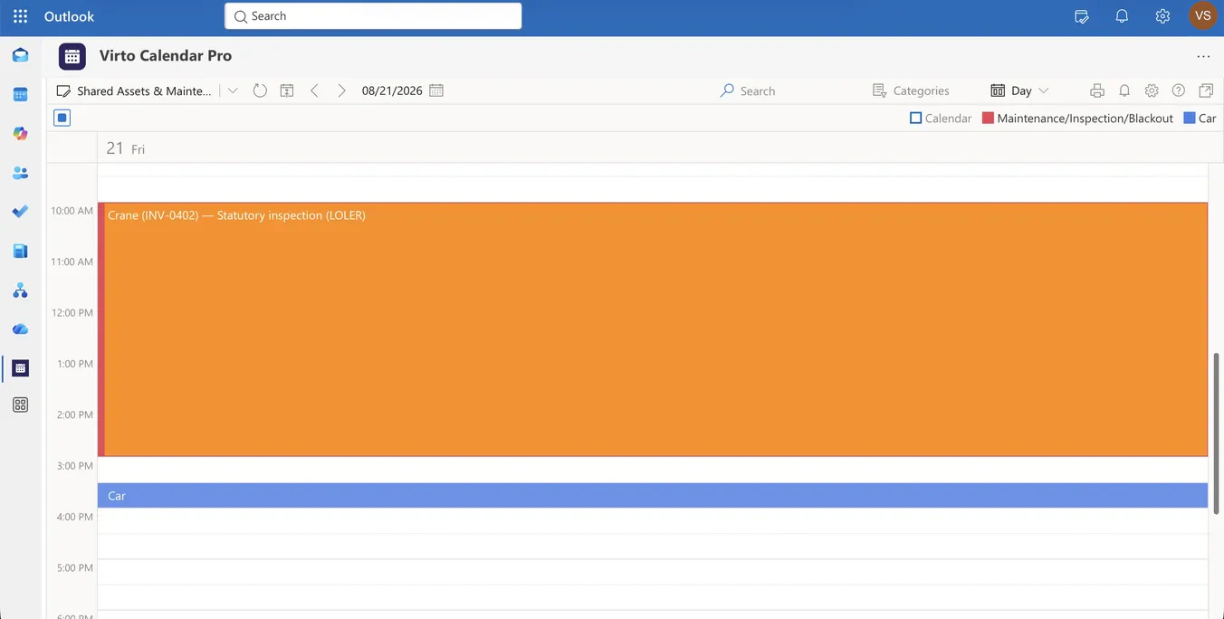 Day view of a Microsoft 365 resource calendar showing vehicle bookings alongside a scheduled brake inspection and a blackout period