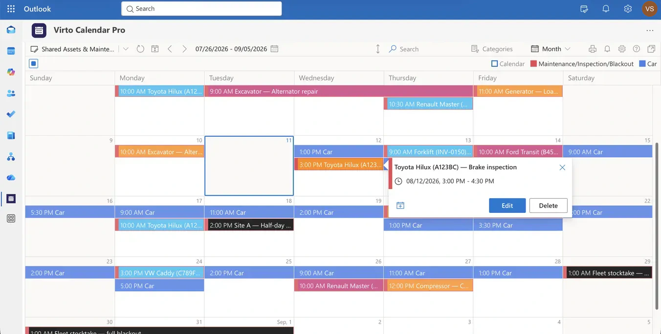 Month view of rooms, vehicles and equipment with inspections and roadworthiness checks shown across the month