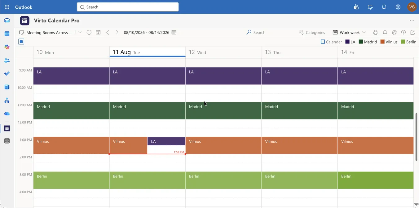 Work week view of four meeting room calendars from offices in Los Angeles, Madrid, Vilnius and Berlin overlaid in one Microsoft 365 calendar
