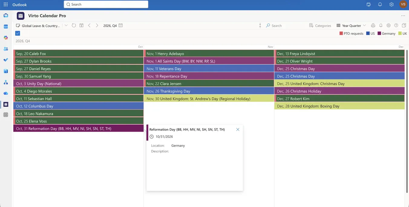 Year Quarter view of a Microsoft 365 absence calendar showing approved team leave alongside US, German and UK public holidays across three months